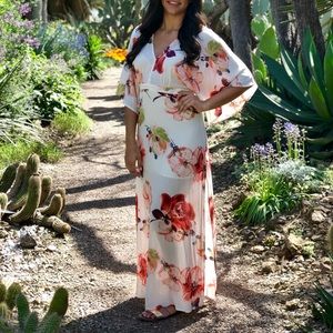 Kimono Sleeve Desert Dreams Floral Maxi Dress Lg